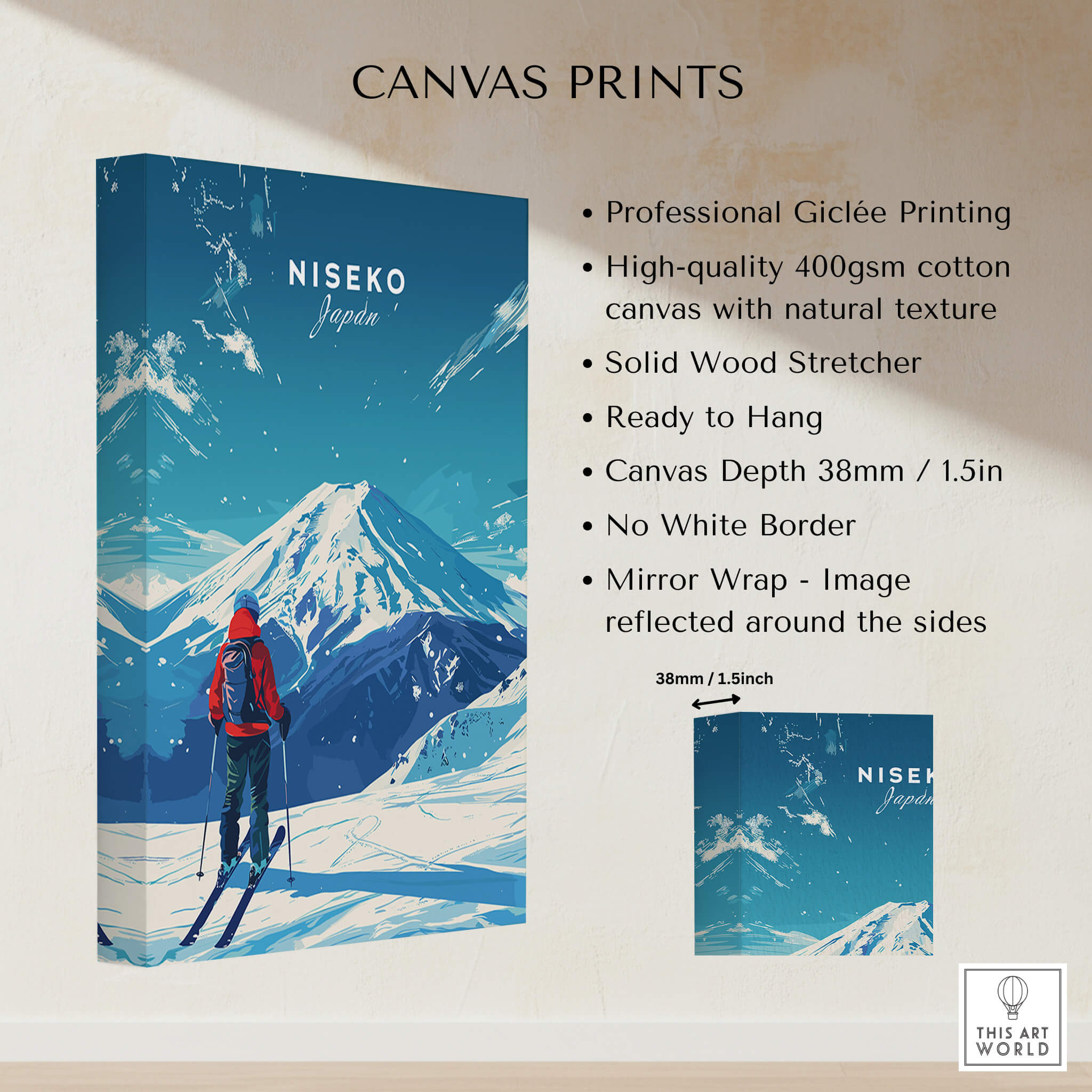 Niseko Travel Print - Japan showcasing a stunning winter landscape with a skier, perfect for inspiring adventure.