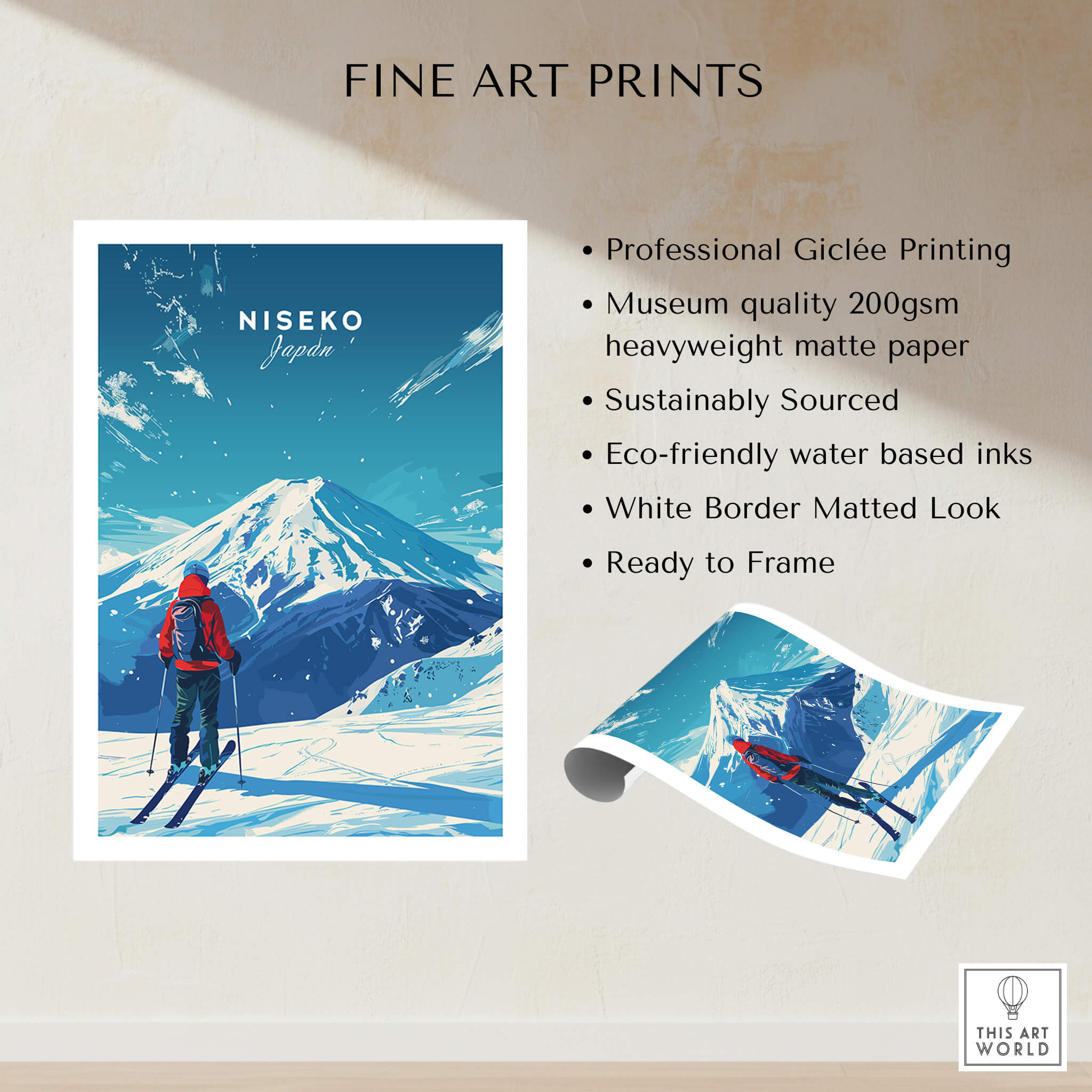 Niseko Travel Print - Japan featuring a striking winter scene and ski slopes, perfect for home decor and inspiration.