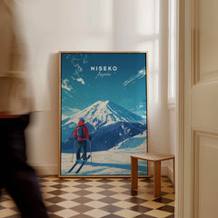 Niseko Travel Print -  Japan showcasing a skier against a stunning mountain backdrop, perfect for winter decor.