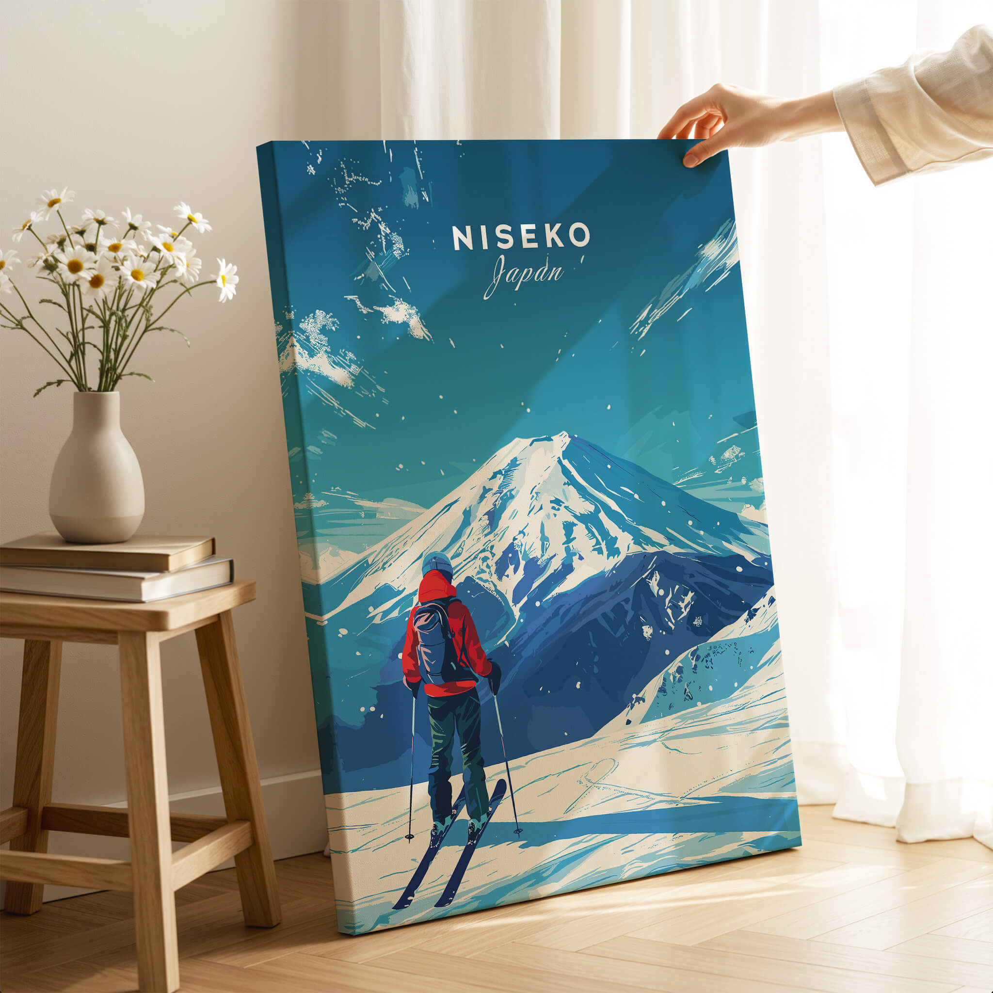 Niseko Travel Print - Japan featuring a skier overlooking a mountain landscape in a winter setting.