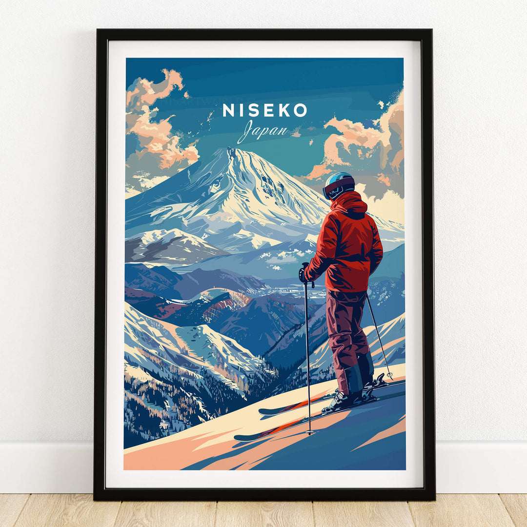 Niseko Wall Art - Japan featuring a skier overlooking snowy mountains and vibrant clouds.