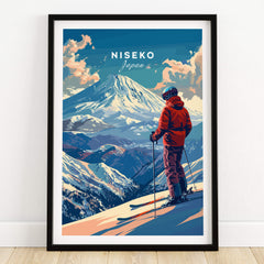 Niseko Wall Art - Japan featuring a skier overlooking snowy mountains and vibrant clouds.