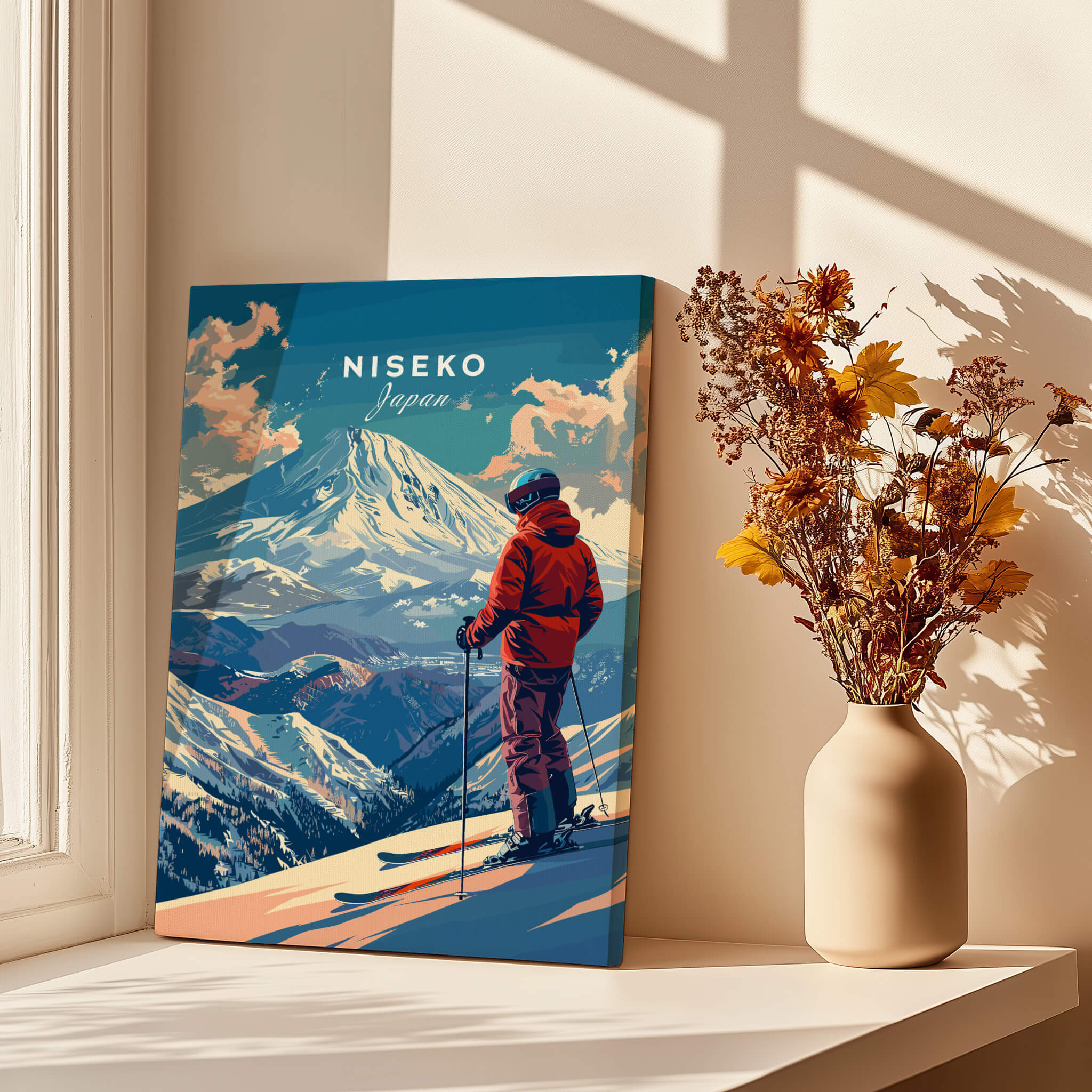 Niseko Wall Art - Japan featuring a skier on the slopes with snowy mountains in the background.