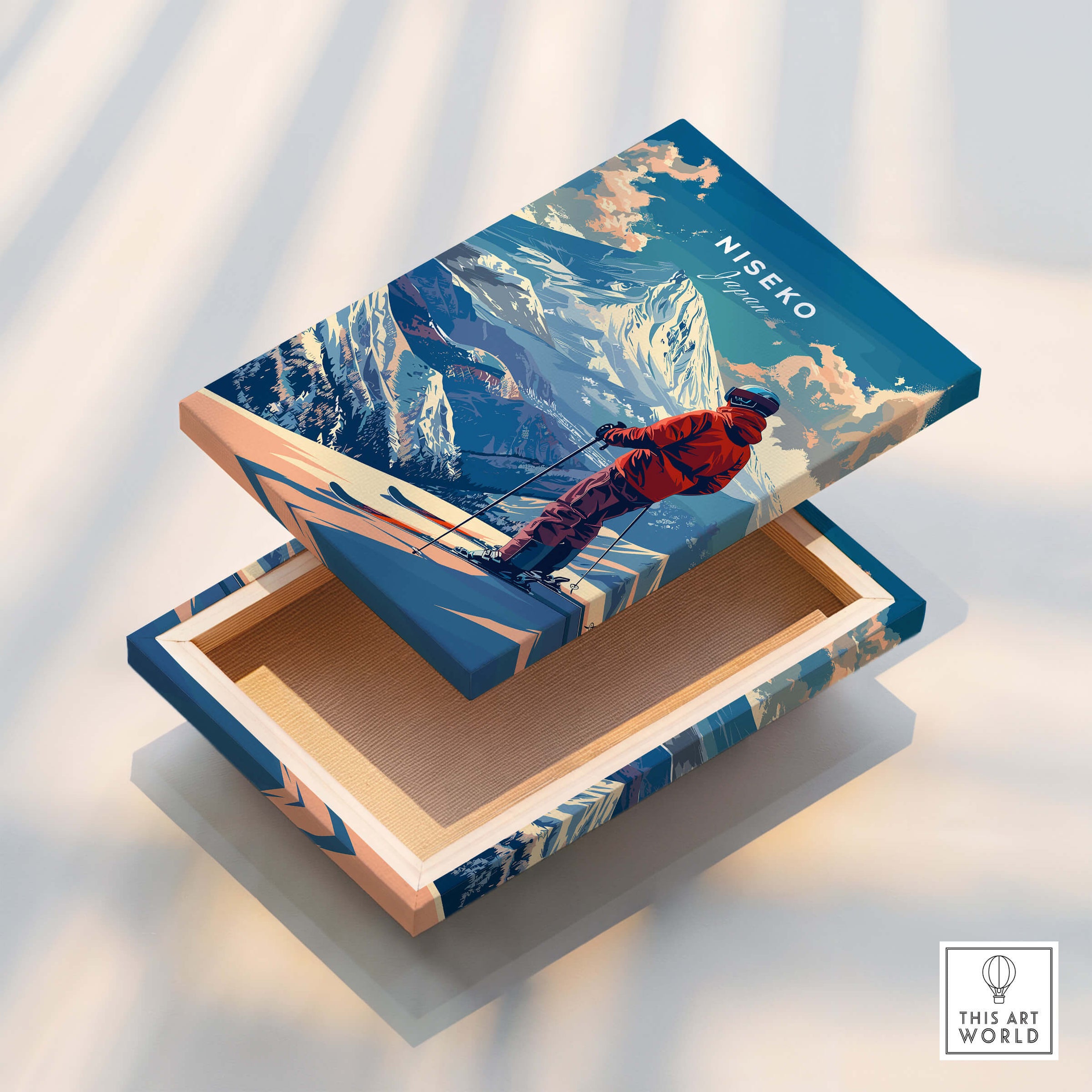 Niseko Wall Art - Japan featuring a skier against snowy mountains, perfect for winter sports lovers.