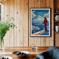 Niseko Wall Art - Japan featuring a skier on snowy slopes with mountain backdrop, perfect for ski enthusiasts.