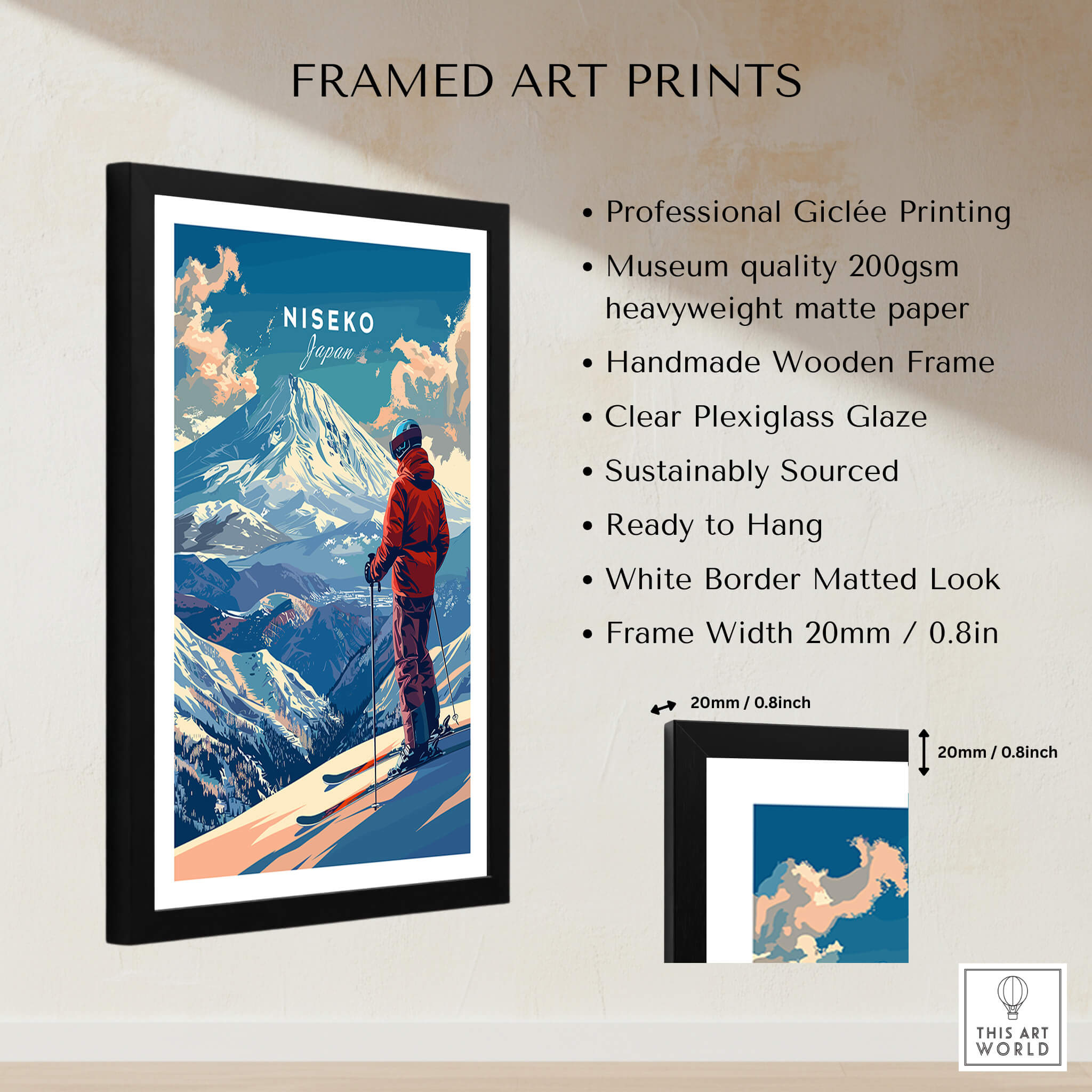 Niseko Wall Art - Japan framed print featuring stunning snow-capped mountains and skier, perfect for home decor.