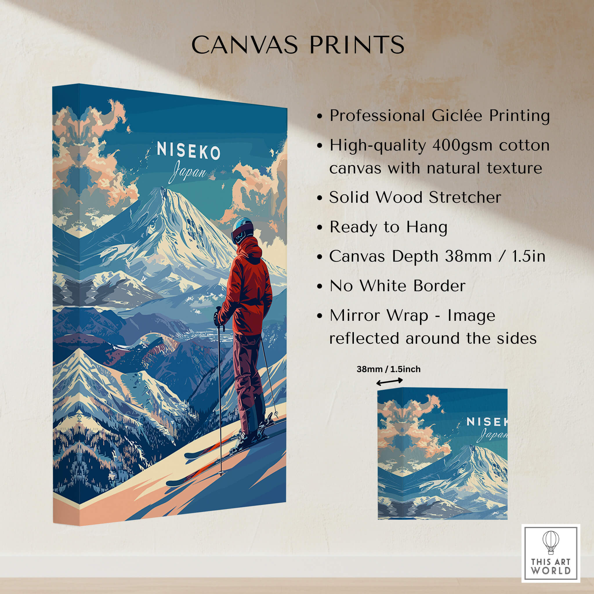 Niseko Wall Art - Japan beautiful canvas print showcasing snowy mountains and a skier in Niseko, Japan.