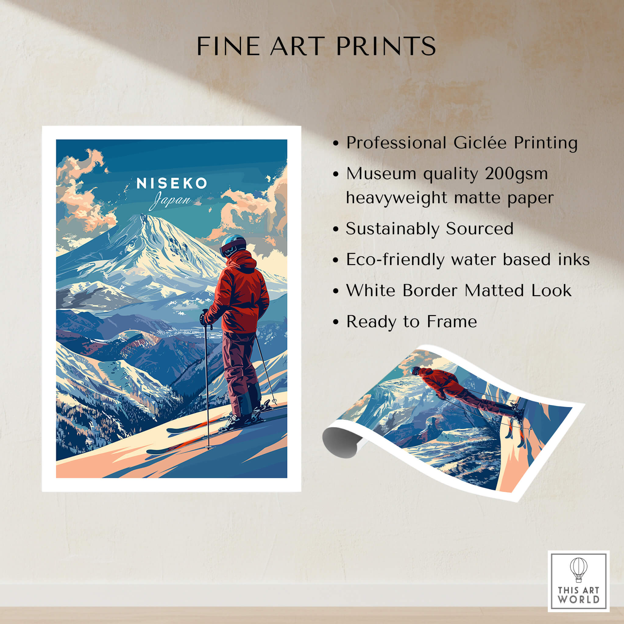 Niseko Wall Art -  Japan showcasing stunning mountains and ski slopes in vibrant colors, perfect for winter sports enthusiasts.