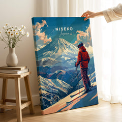 Niseko Wall Art - Japan featuring a skier overlooking majestic snow-covered mountains in a colorful landscape.