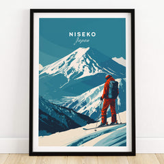 Niseko Wall Art Japan Ski Poster showcasing a skier against a stunning mountain backdrop.