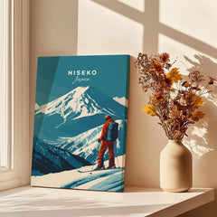 Niseko Wall Art Japan Ski Poster showcasing a skier against the backdrop of Japan's majestic mountains.