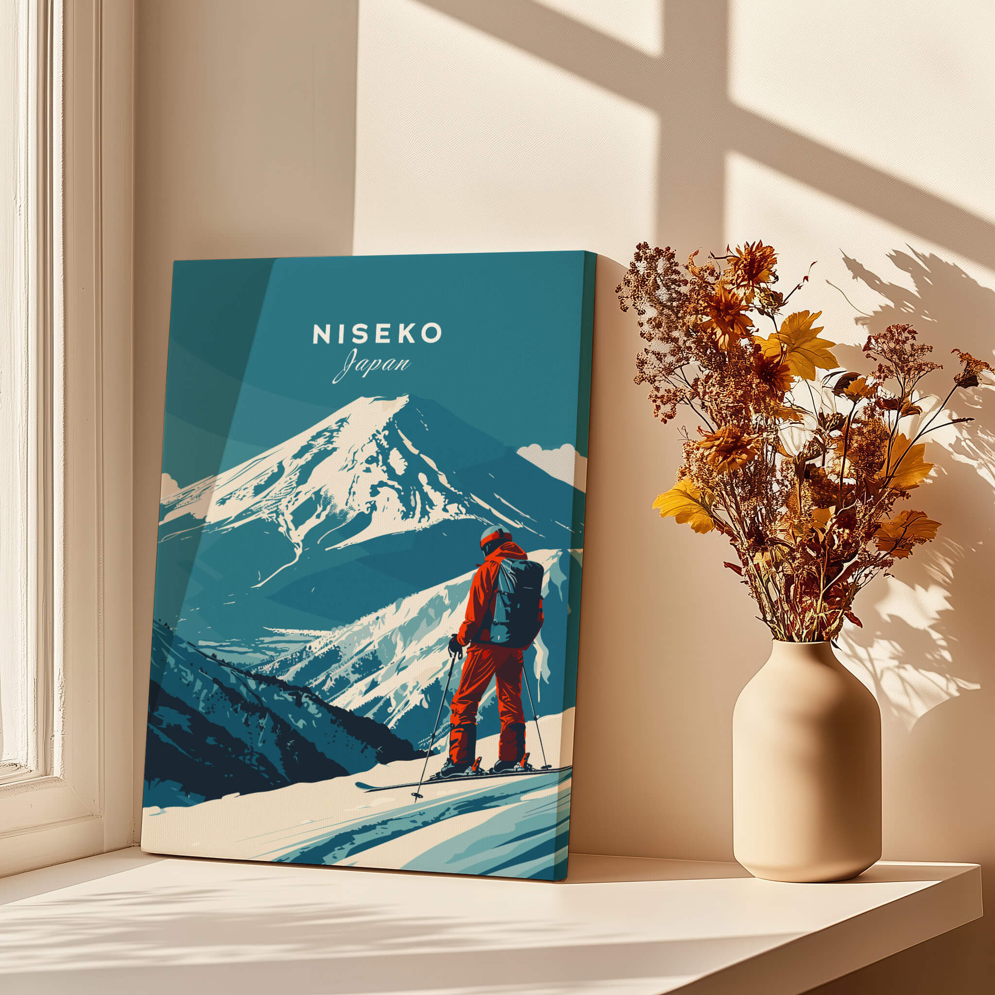 Niseko Wall Art Japan Ski Poster showcasing a skier against the backdrop of Japan's majestic mountains.