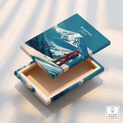 Niseko Wall Art Japan Ski Poster featuring a vibrant ski scene with a mountain backdrop.