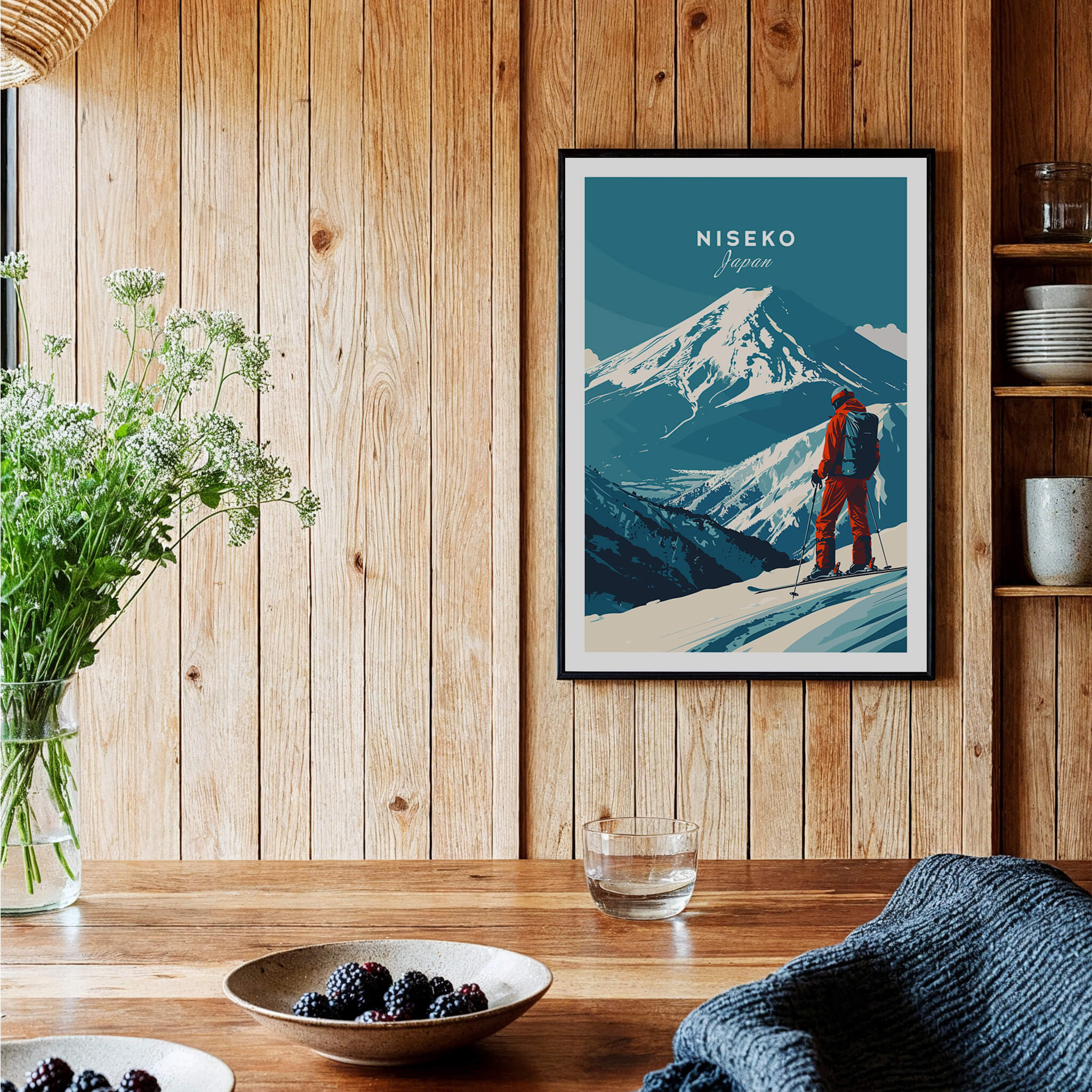 Niseko Wall Art Japan Ski Poster showcasing a skier on a snowy mountain background, perfect for ski enthusiasts.