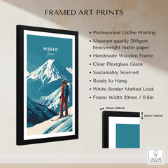 Niseko Wall Art Japan Ski Poster framed art print featuring stunning mountain scenery and a skier.