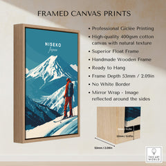 Niseko Wall Art Japan Ski Poster showcasing framed canvas print of Niseko mountains and skier.
