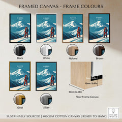 Niseko Wall Art Japan Ski Poster framed canvas options in various colors.