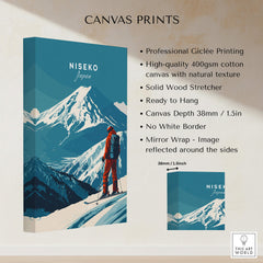 Niseko Wall Art Japan Ski Poster featuring a skier against a backdrop of Niseko mountains.
