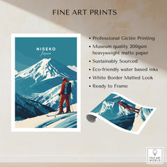 Niseko Wall Art Japan Ski Poster featuring a skier with stunning mountain scenery.