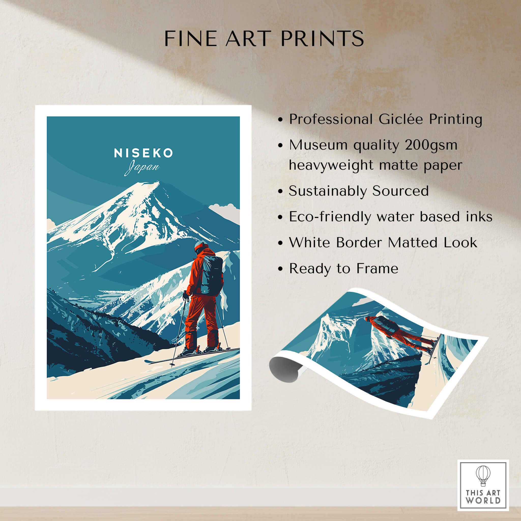 Niseko Wall Art Japan Ski Poster featuring a skier with stunning mountain scenery.