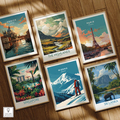 Niseko Wall Art Japan Ski Poster surrounded by other travel posters including Venice, Paris, Singapore, The Highlands, and Sri Lanka.