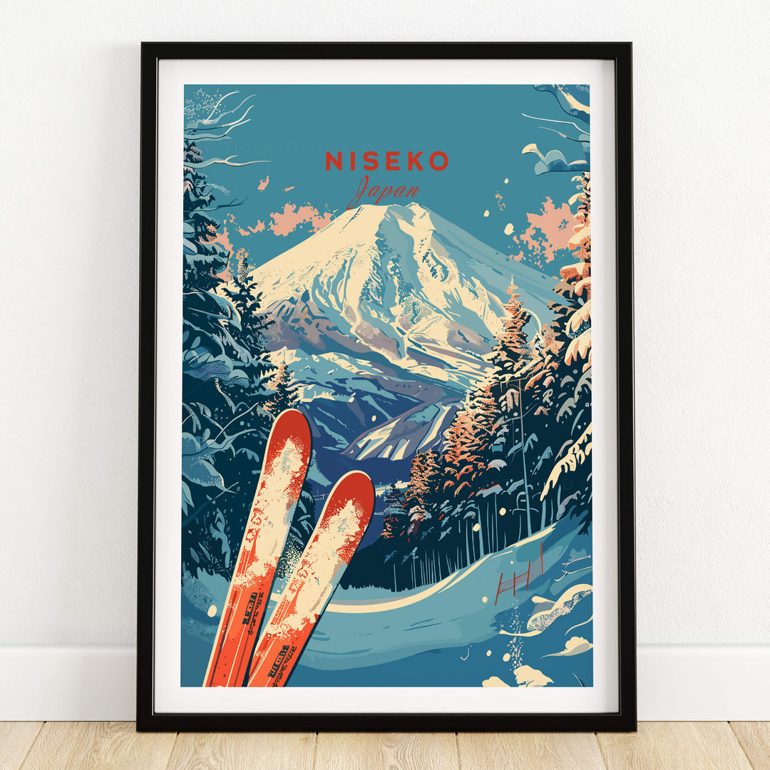 Niseko Print Japan ski poster featuring scenic winter landscape and ski equipment.