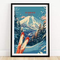 Niseko Print Japan ski poster featuring scenic winter landscape and ski equipment.