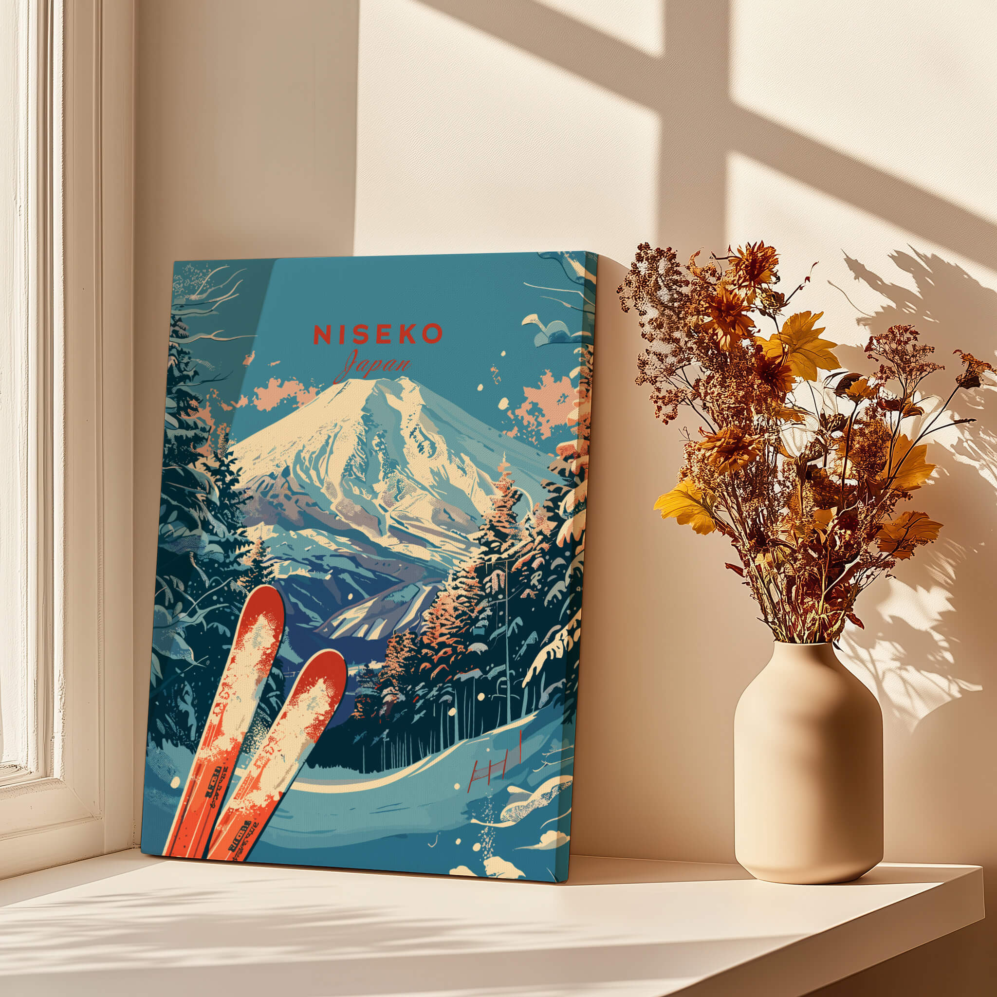 Niseko Print Japan ski poster showcasing stunning winter landscape and mountains in a decorative setting.