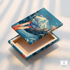 Niseko Print Japan showcasing a beautifully designed ski-themed wooden box with mountains and ski elements.