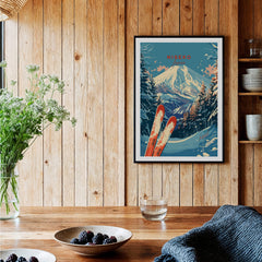 Niseko Print Japan ski poster showcasing snowy mountains and skis, perfect for home decor.