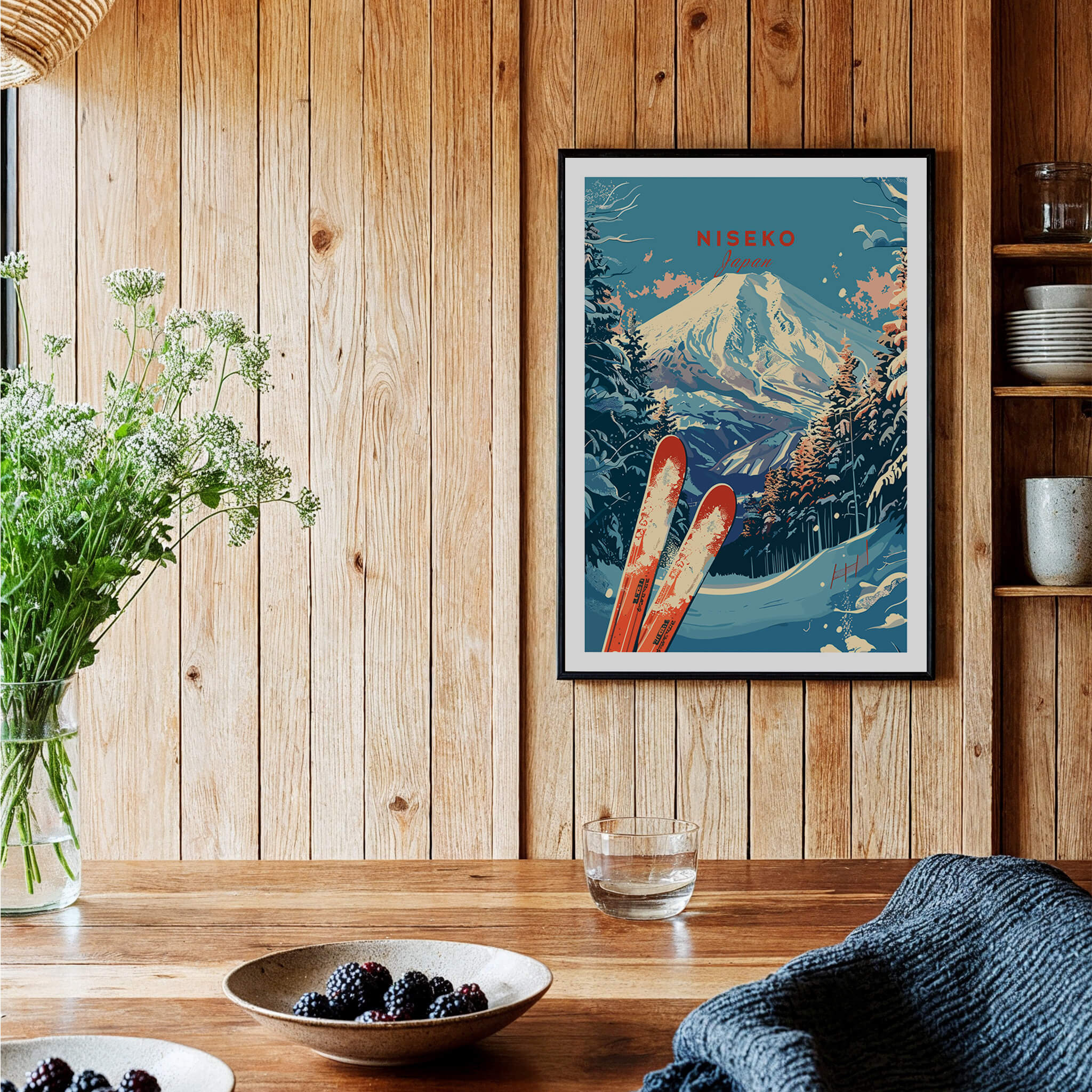 Niseko Print Japan ski poster showcasing snowy mountains and skis, perfect for home decor.