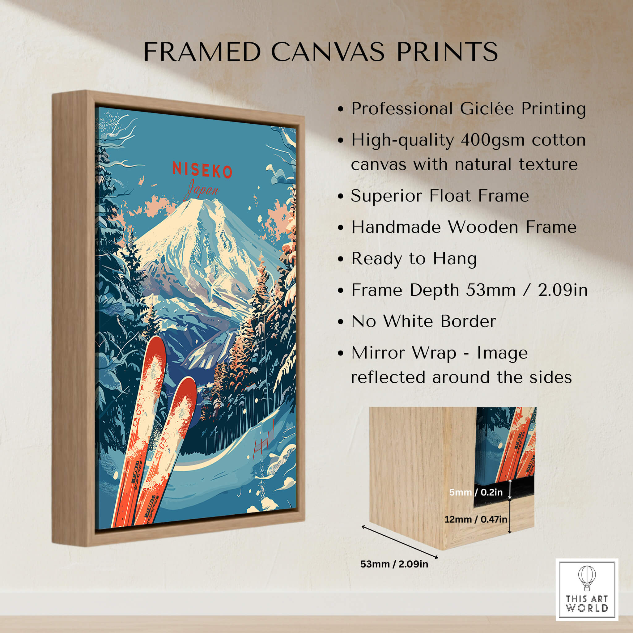 Niseko Print Japan framed canvas print showcasing professional Giclée printing and beautiful ski landscape design.
