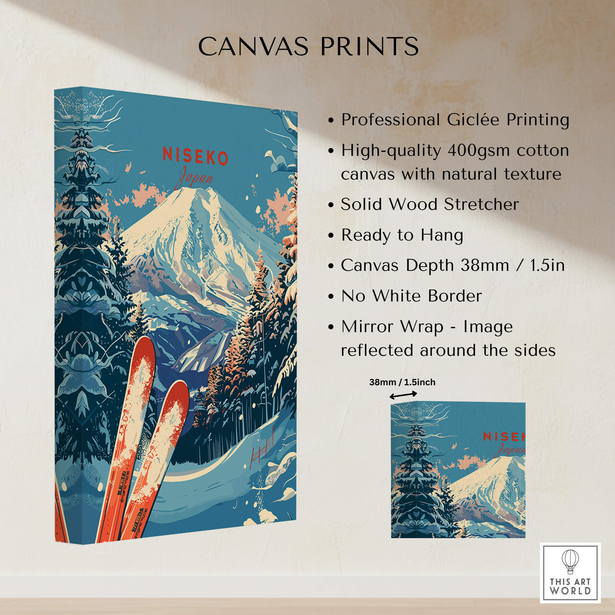 Niseko Print Japan ski canvas print showcasing stunning mountain landscape and ski equipment, perfect for home decor.