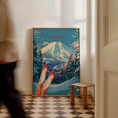 Niseko Print Japan ski poster featuring beautiful snow-covered mountains and vibrant colors in a stylish home setting.