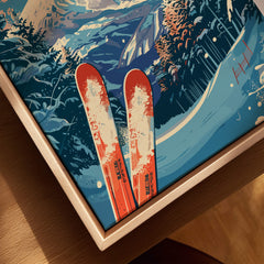 Niseko Print Japan featuring ski equipment against a picturesque mountain landscape.