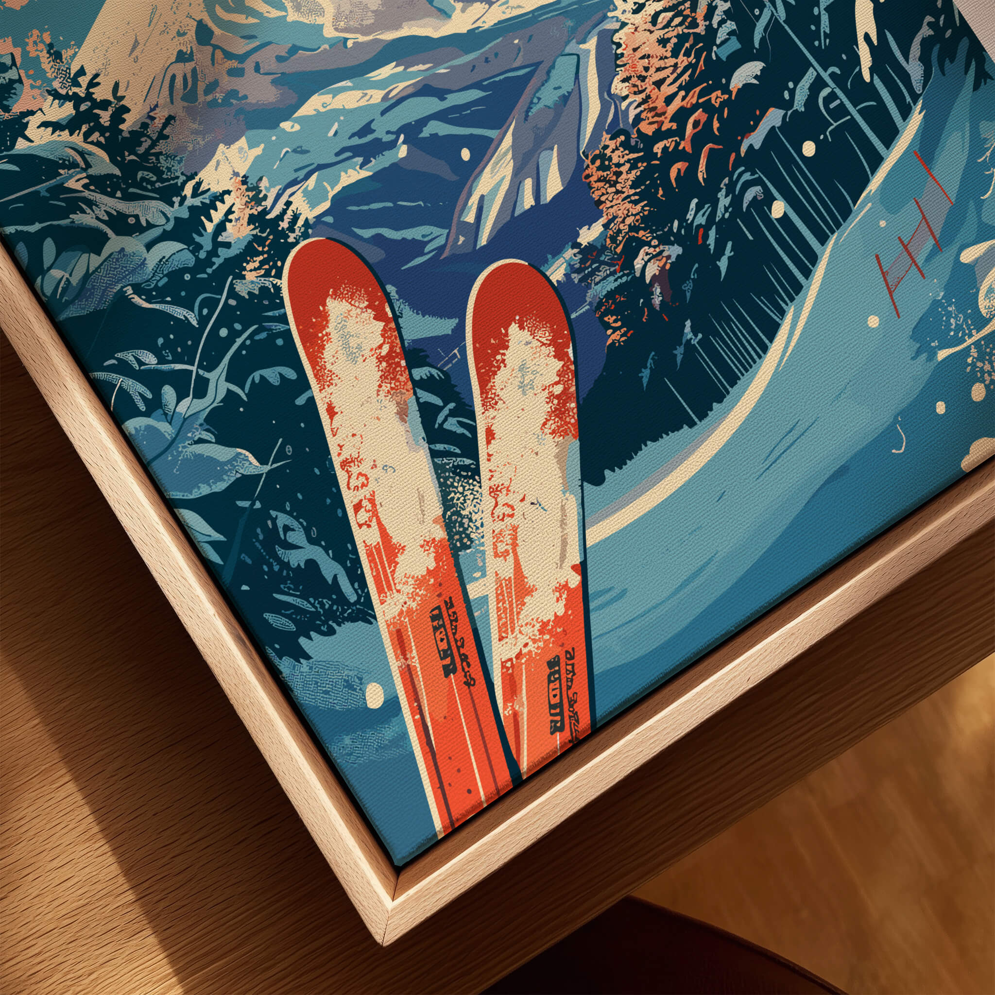 Niseko Print Japan featuring ski equipment against a picturesque mountain landscape.