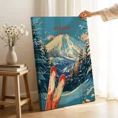 Niseko Print Japan ski poster featuring a stunning mountain landscape and ski equipment.