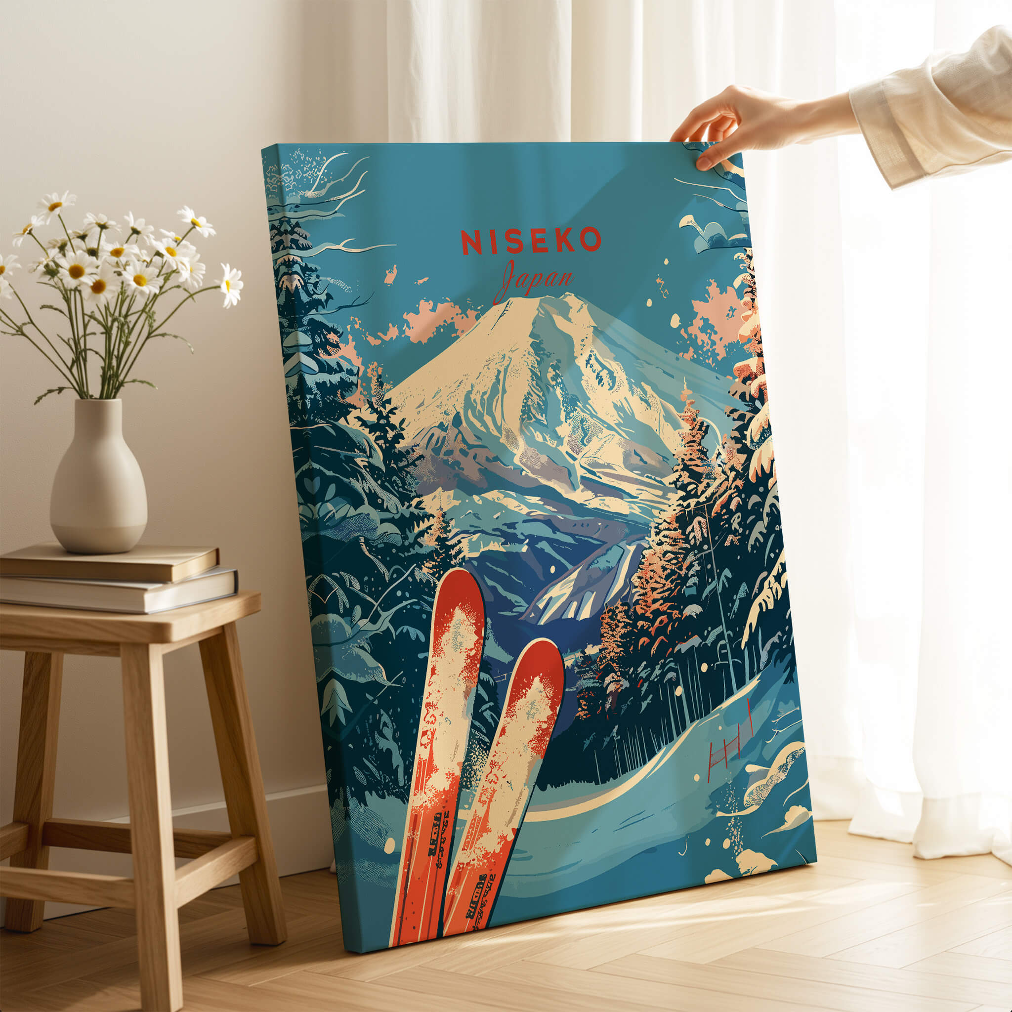 Niseko Print Japan ski poster featuring a stunning mountain landscape and ski equipment.