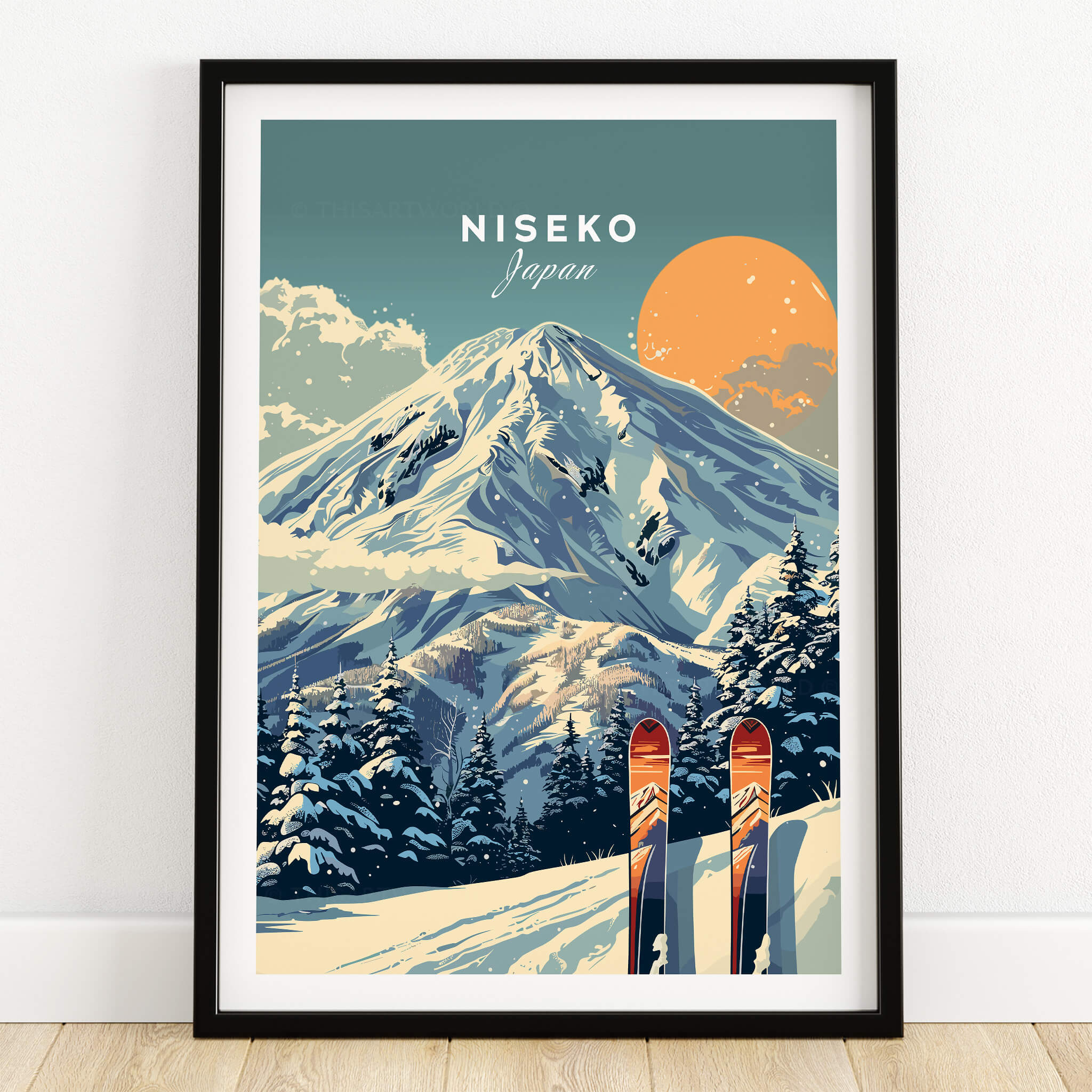 Niseko Wall Art Ski Print featuring a stunning snow-covered mountain and skis in a stylish frame.