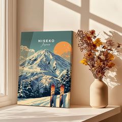 Niseko Wall Art Ski Print featuring a serene mountain scene, perfect for winter decor enthusiasts.