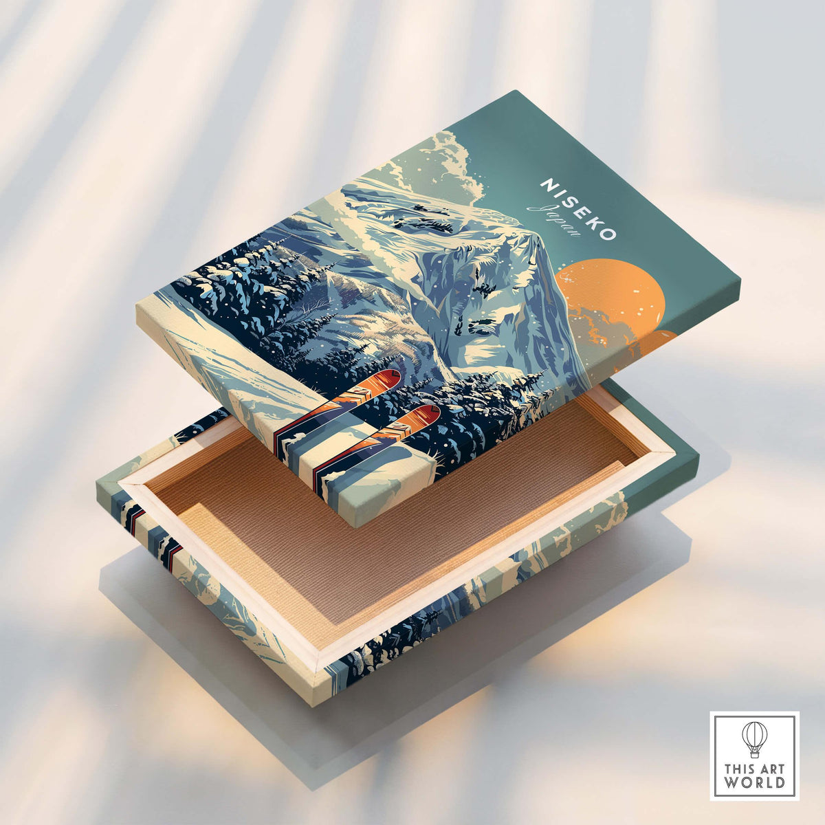 Niseko Wall Art Ski Print featuring a beautifully designed box with a mountain ski scene.