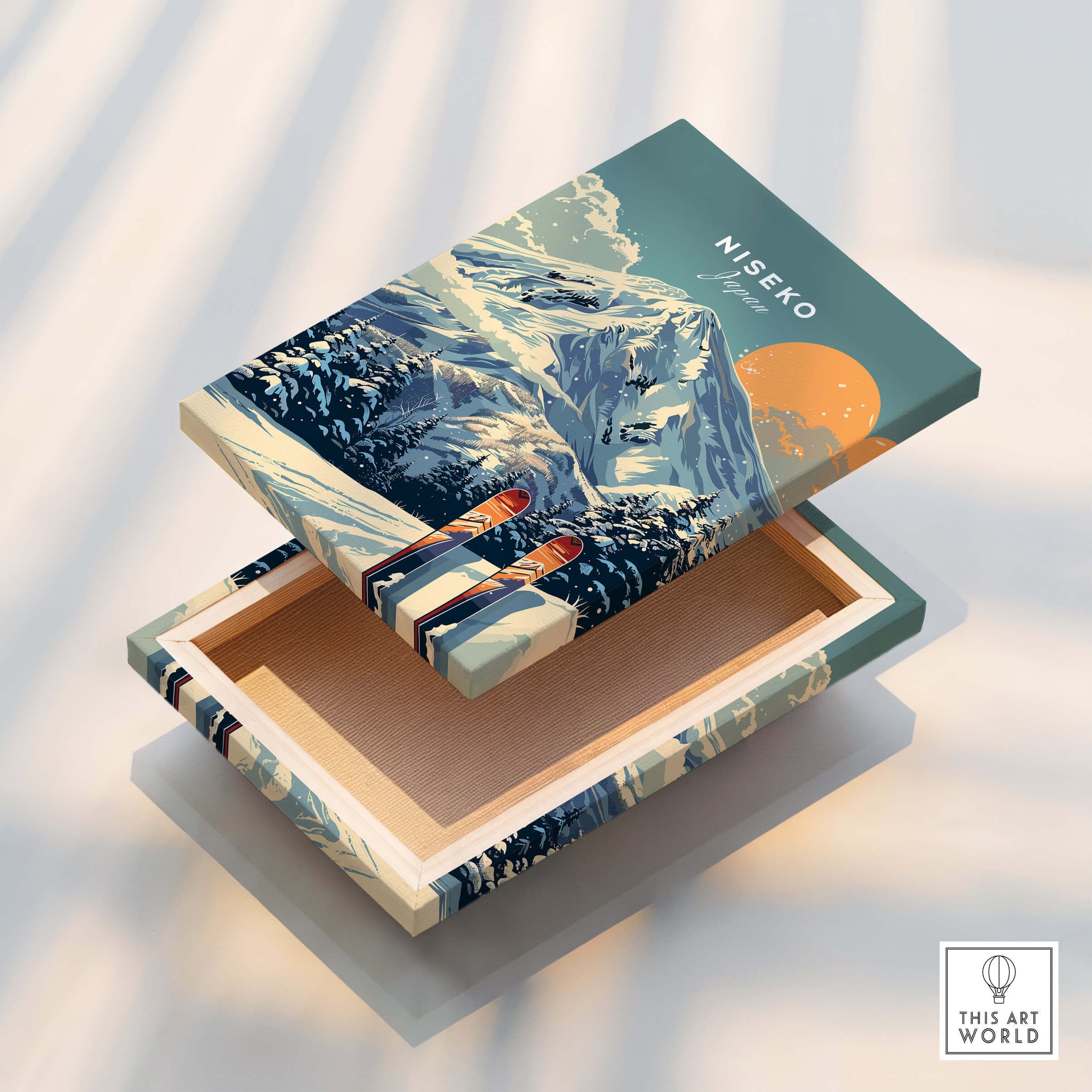 Niseko Wall Art Ski Print featuring a beautifully designed box with a mountain ski scene.