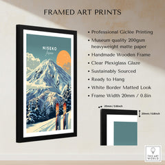 Niseko Wall Art Ski Print framed art with mountain scene and skiing equipment, perfect for winter decor.