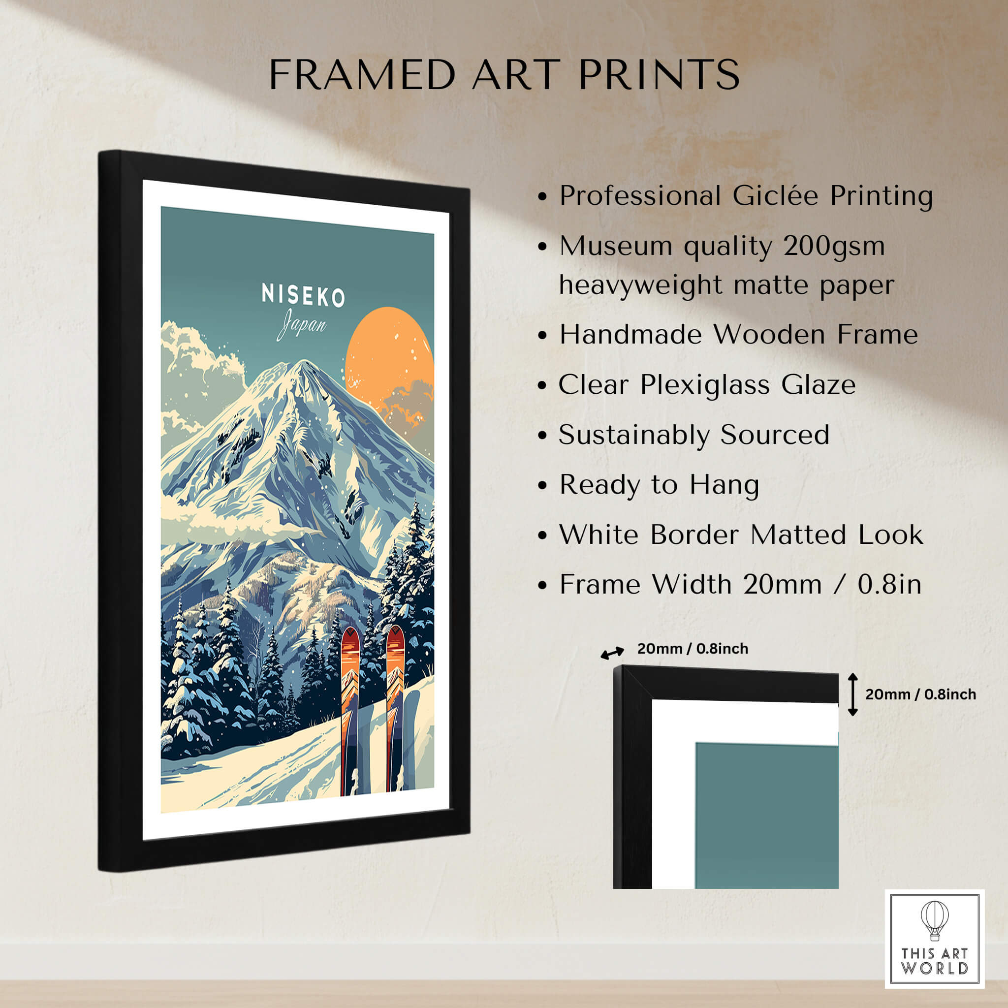 Niseko Wall Art Ski Print framed art with mountain scene and skiing equipment, perfect for winter decor.