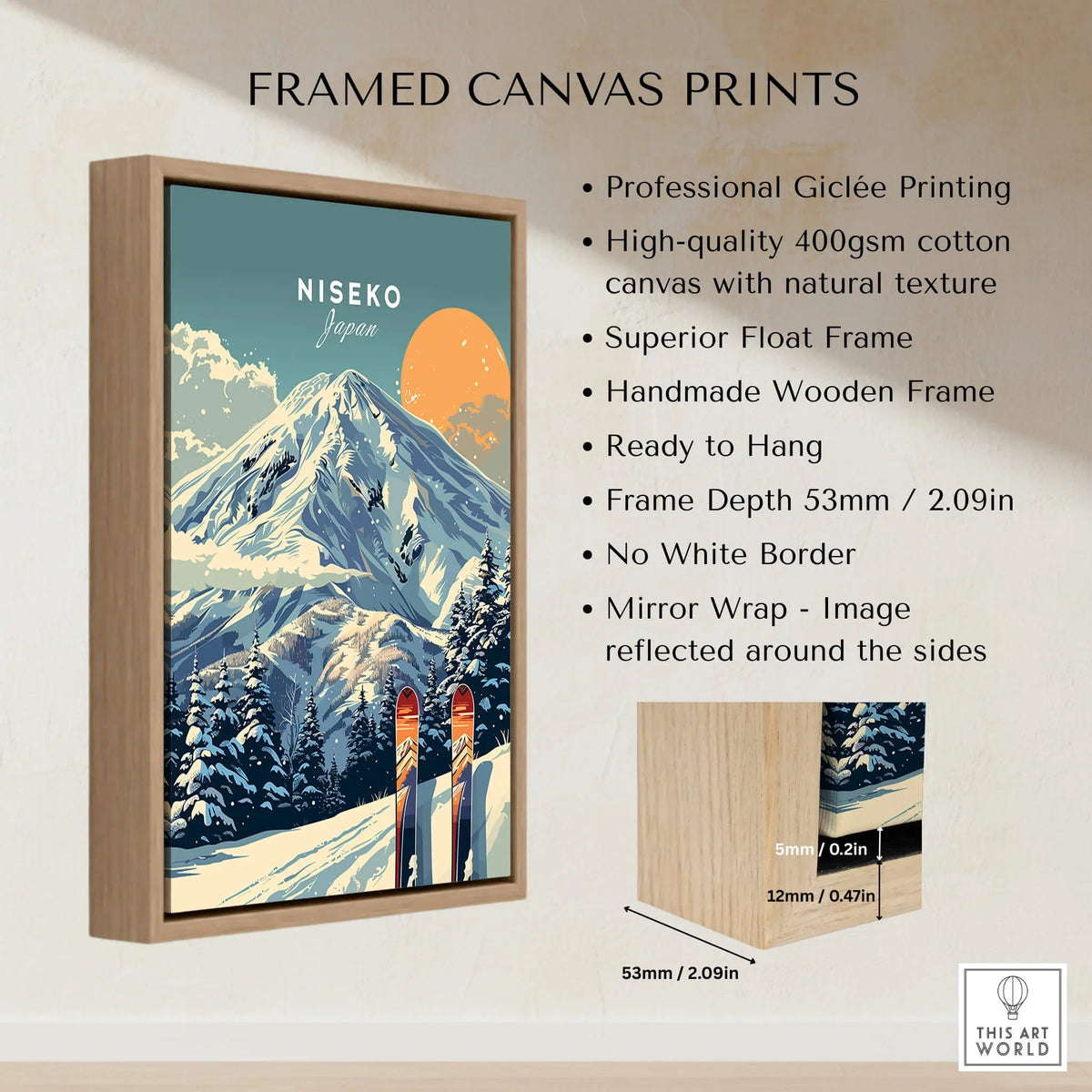 Niseko Wall Art Ski Print featuring a framed canvas print of a snowy mountain landscape and ski equipment.