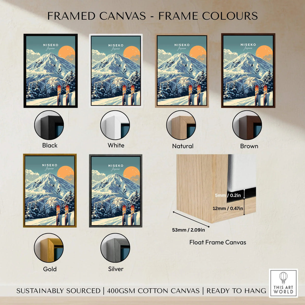 Niseko Wall Art Ski Print in various frame colors including black, white, natural, brown, gold, and silver.