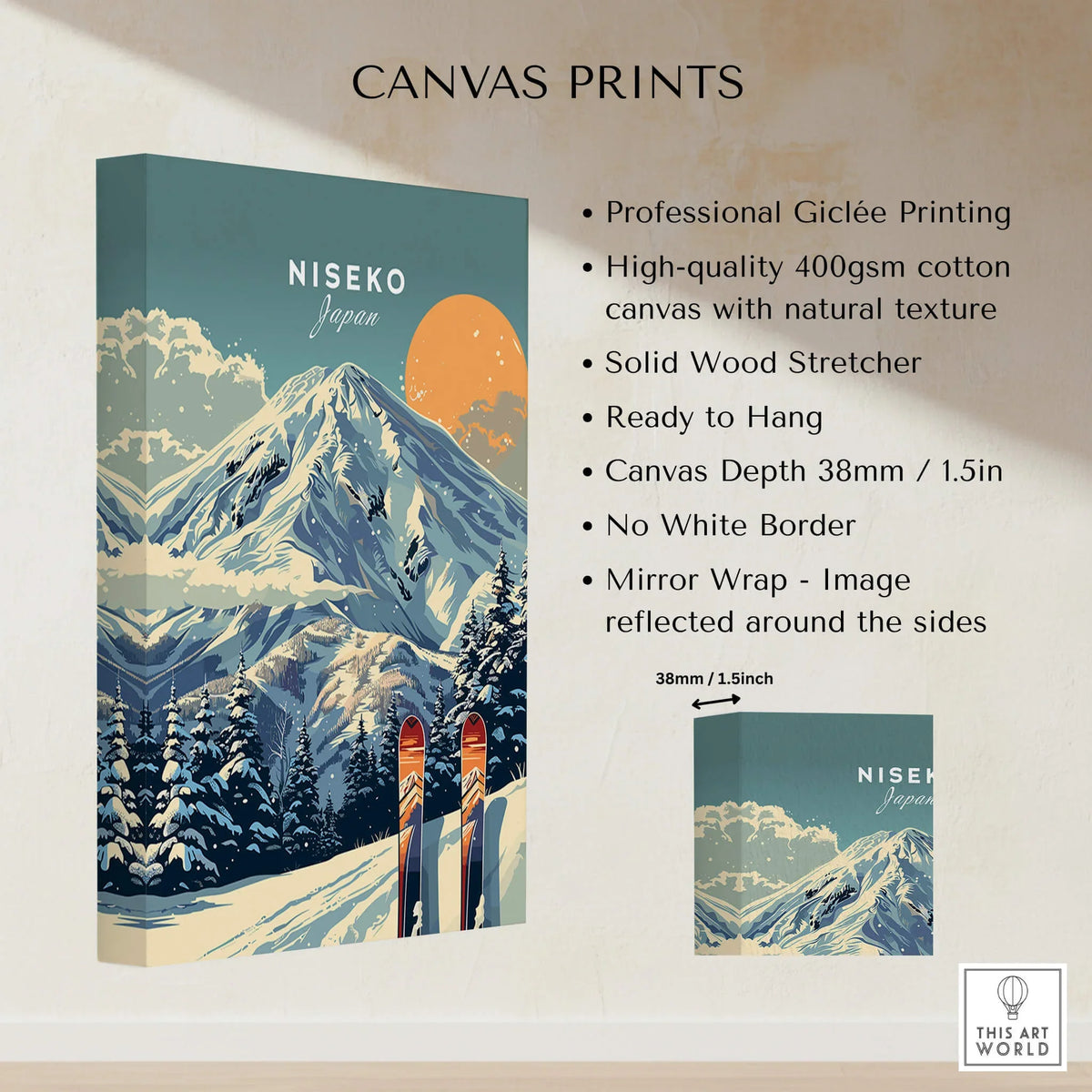 Niseko Wall Art Ski Print showcasing stunning mountains with vintage skis, perfect for enhancing any winter-themed space.