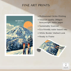 Niseko Wall Art Ski Print showcasing beautiful mountain scenery and ski equipment, perfect for winter decor.