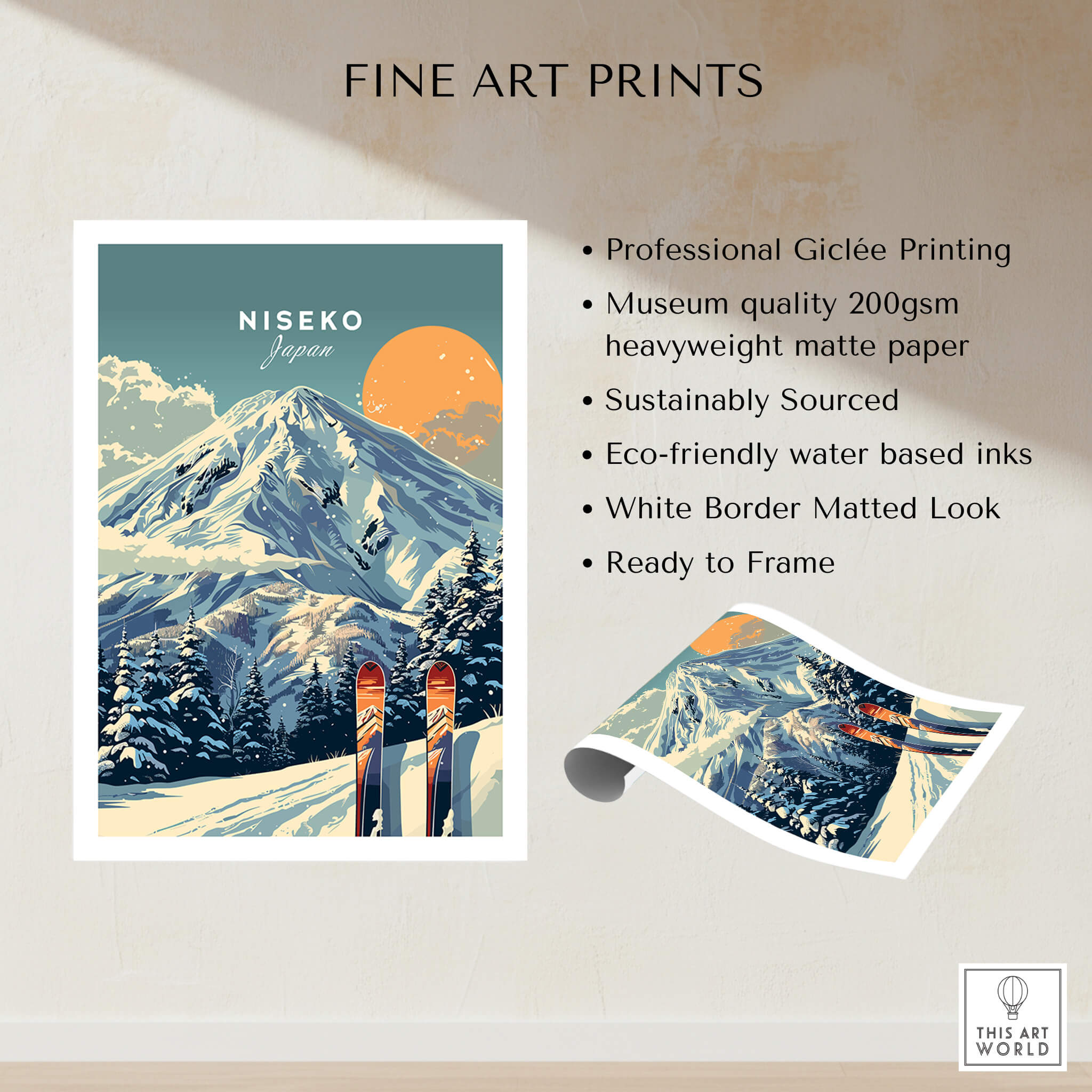 Niseko Wall Art Ski Print showcasing beautiful mountain scenery and ski equipment, perfect for winter decor.