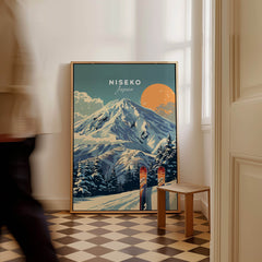 Niseko Wall Art Ski Print featuring a beautiful mountain scene and sunset, perfect for winter decor.